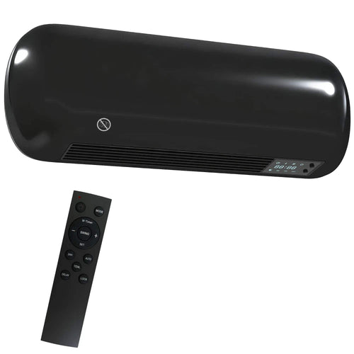 Black wall-mounted ceramic electric heater with fan and front vent, with remote control