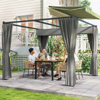 Grey metal pergola with retractable canopy and gathered curtains over patio dining
