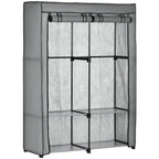 Light grey fabric wardrobe with steel frame, front door, hanging rail, and shelves