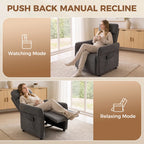 Dark grey manual push-back recliner chair in relaxed recline position