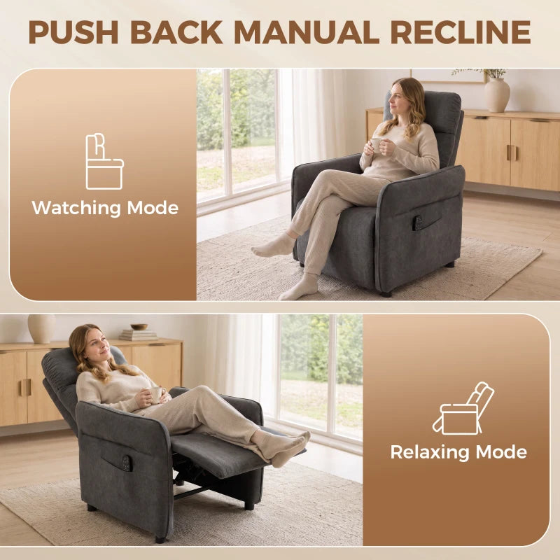 Dark grey manual push-back recliner chair in relaxed recline position