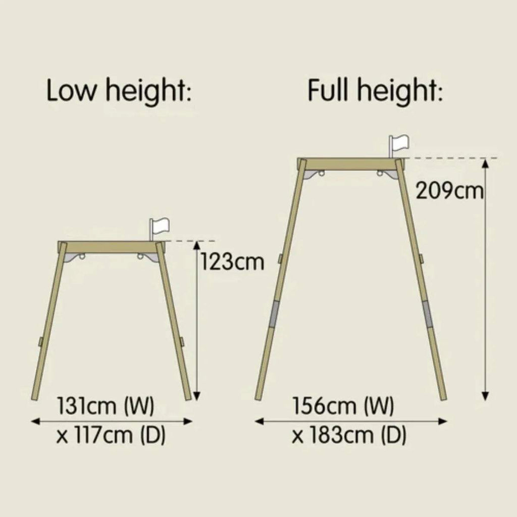 Swing set height diagram showing low 123cm and full 209cm measurements