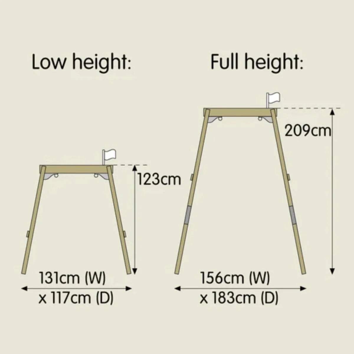 Swing set height diagram showing low 123cm and full 209cm measurements