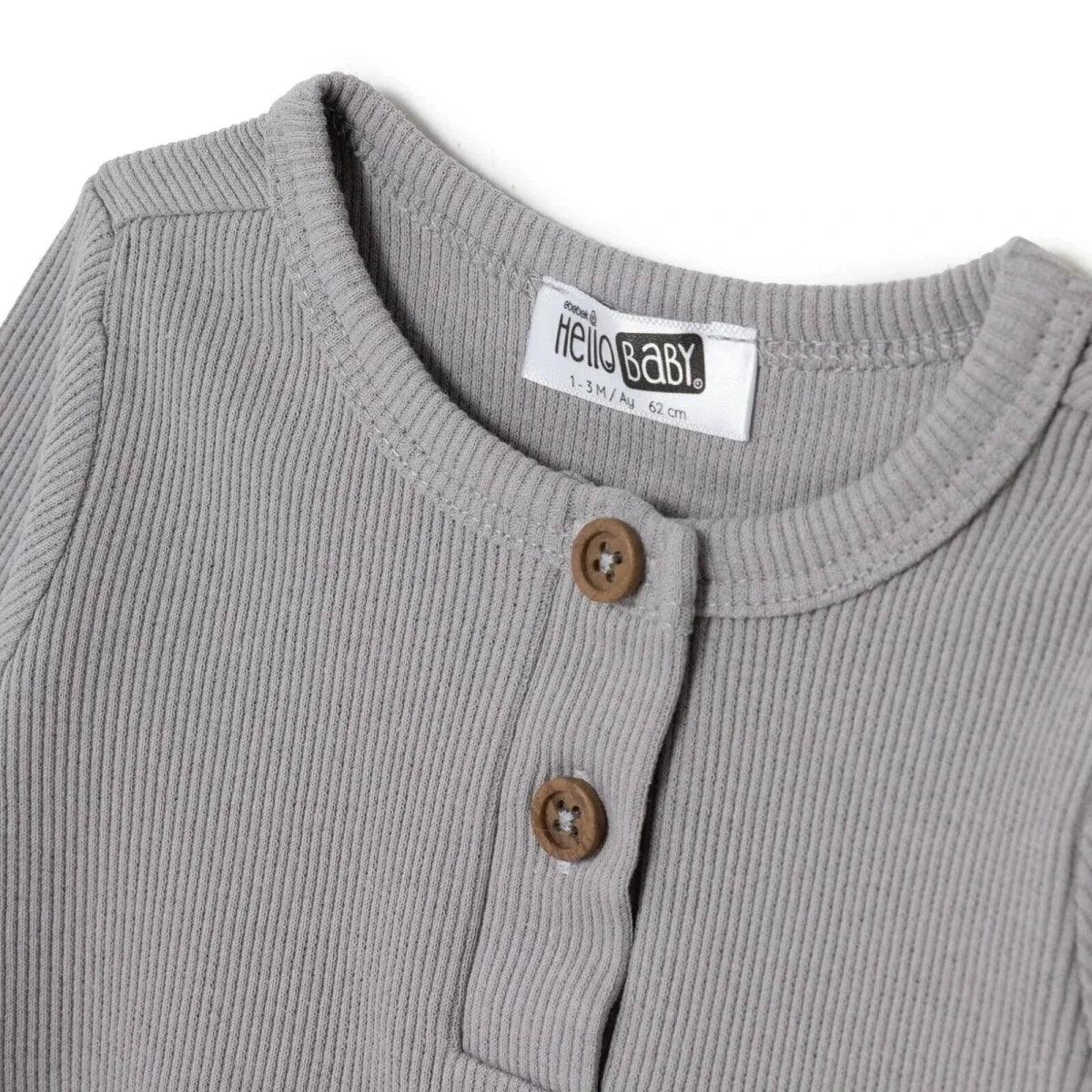Grey ribbed baby sweatshirt close-up, HelloBaby henley buttons and crew neckline