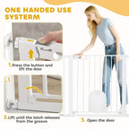 White pet safety gate showing latch release mechanism for one-handed use