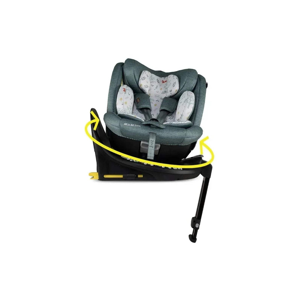 Teal infant car seat with forest animal print inner cushions and 360 rotation arrows