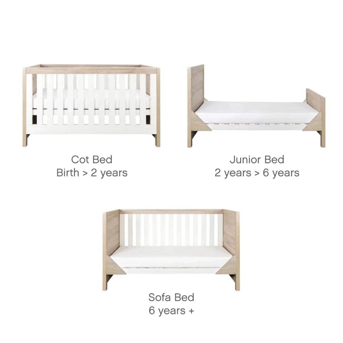 Cot, junior, and sofa bed frames in white slat and light oak finishes