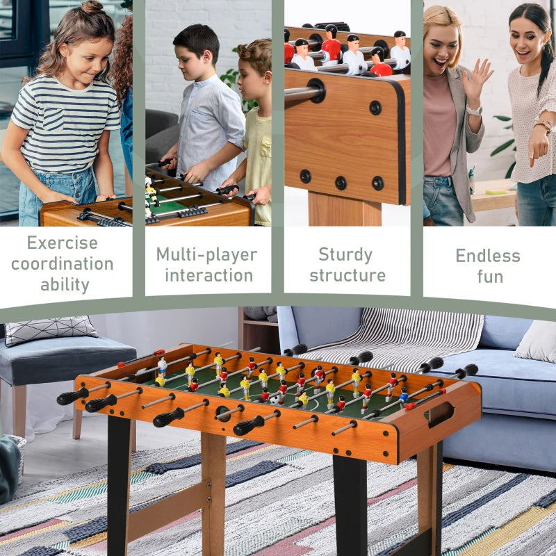 Foosball table in living room with mounted rods and colorful player figures