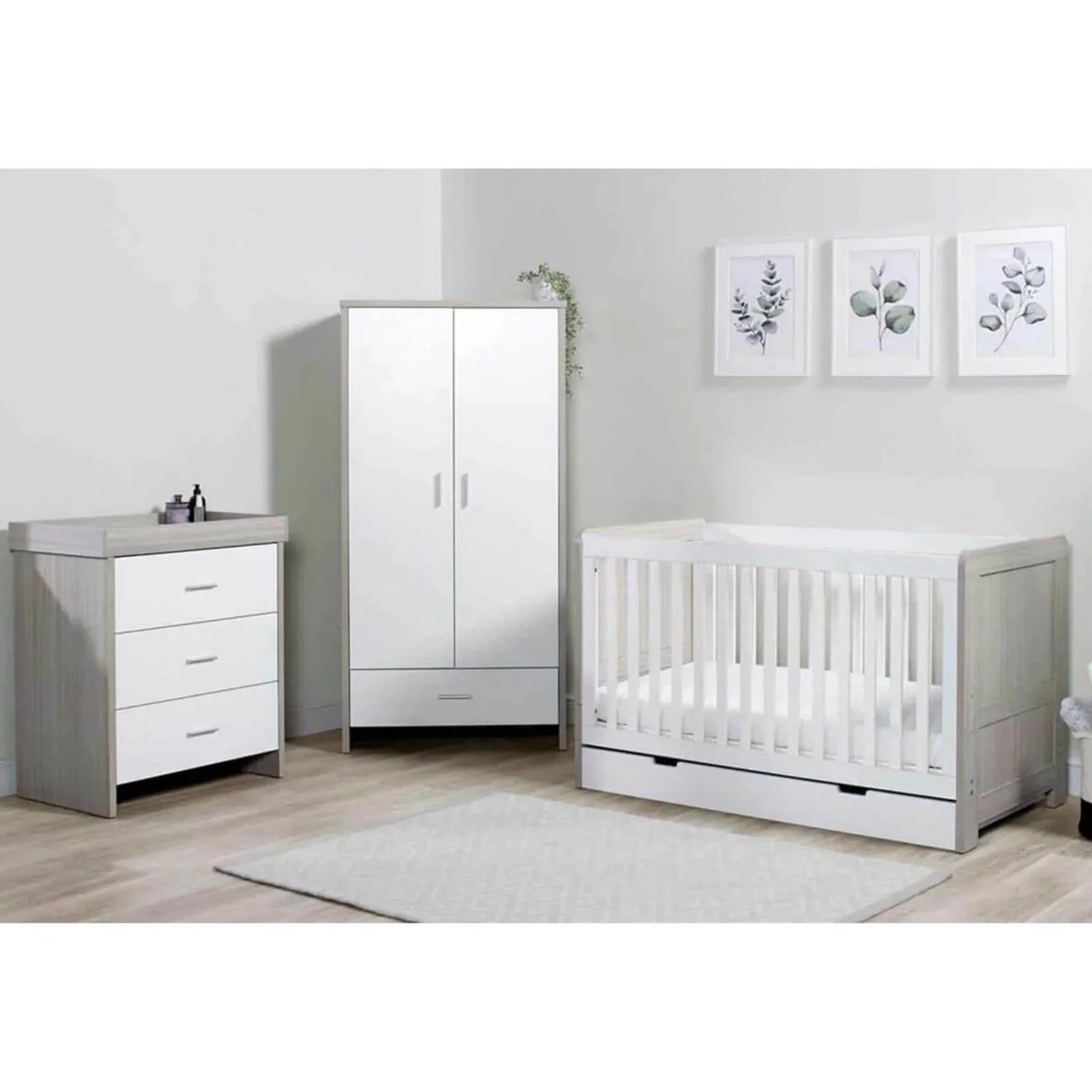 3-piece nursery furniture set: white cot with ash grey panels, dresser, wardrobe