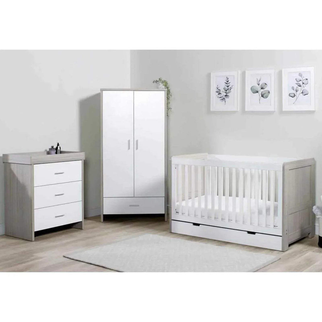 Ash grey and white nursery furniture set with under-drawer crib and fibre mattress