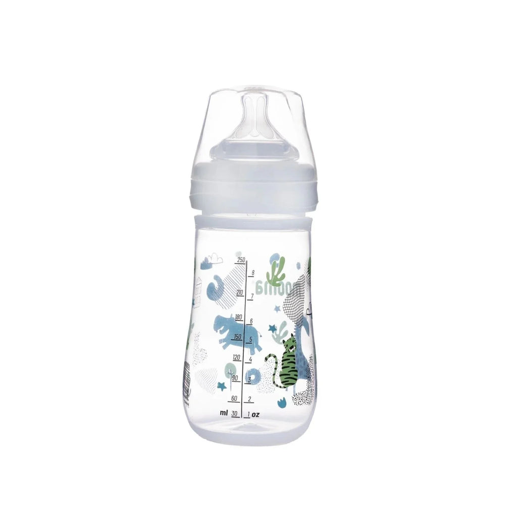 250ml feeding bottle with animal print and measurement scale, clear fast-flow teat