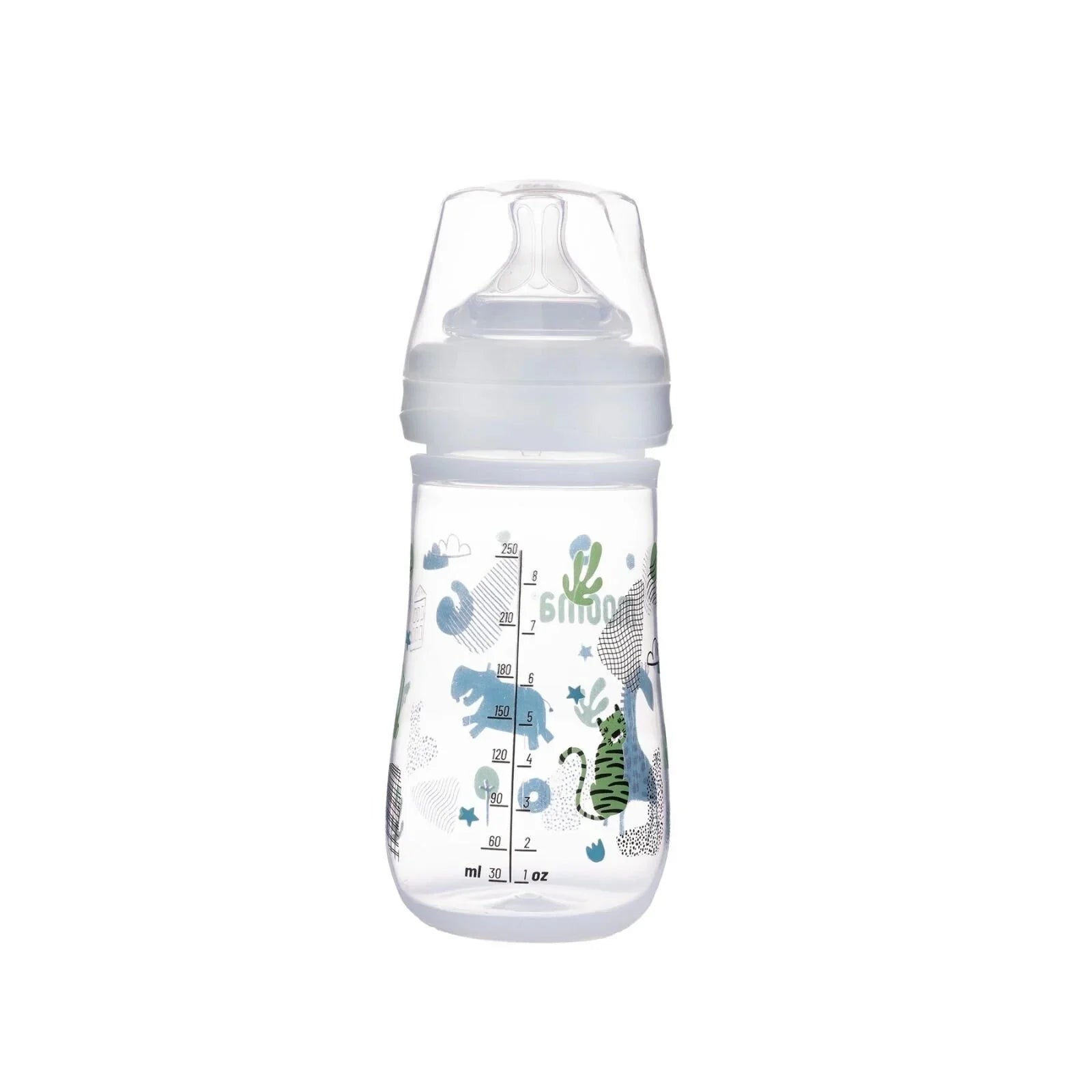 250ml feeding bottle with animal print and measurement scale, clear fast-flow teat