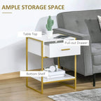 White nightstand with gold frame, pull-out drawer and open bottom shelf for storage