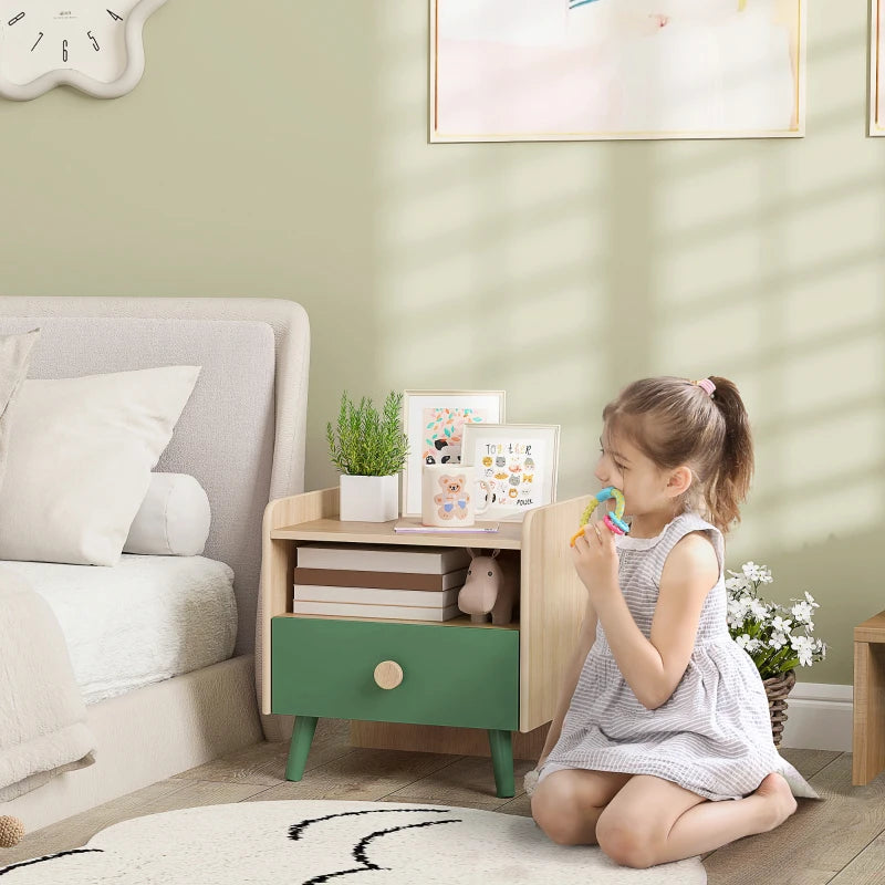 Kids bedside table with green drawer and open shelf, light wood frame and legs