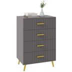 Dark grey 4-drawer dresser with embossed vertical lines and gold-tone bar handles, on legs