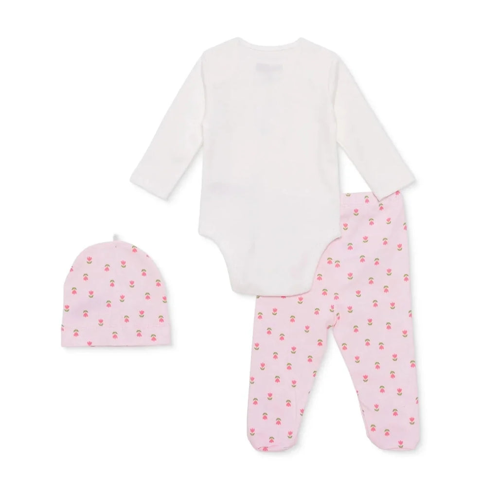 Girls' white bodysuit back view with pink floral hearts footed pants and matching hat