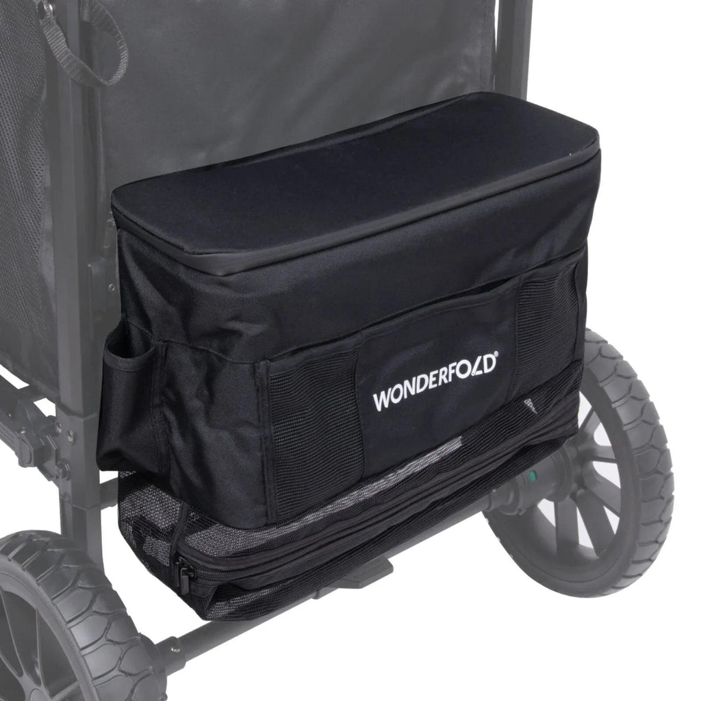 Jet black stroller wagon side seat with zip pouch storage and large wheels