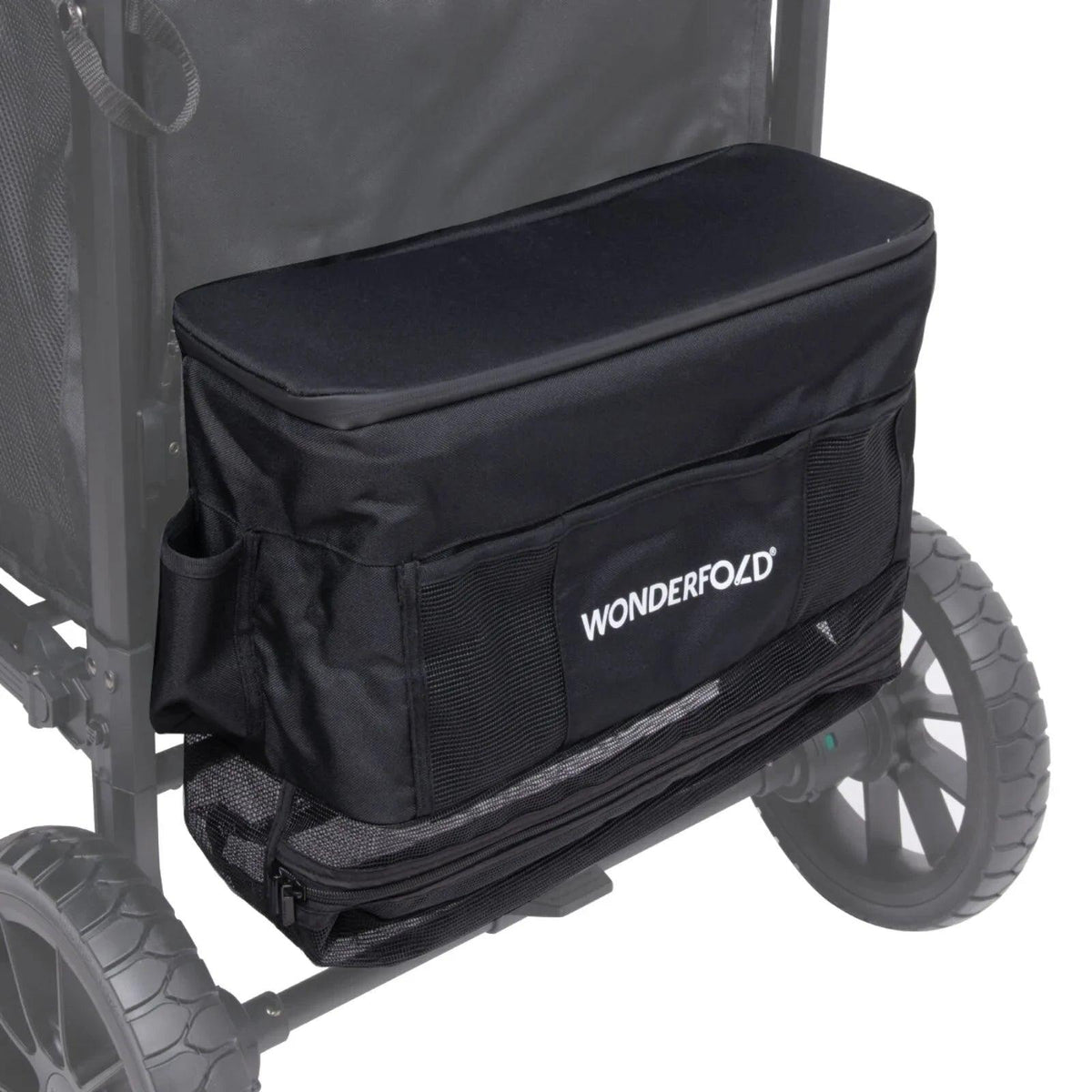 Jet black stroller wagon side seat with zip pouch storage and large wheels