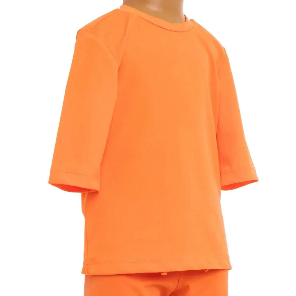 HelloBaby short sleeve baby swim top on model, neon orange, crew neck.