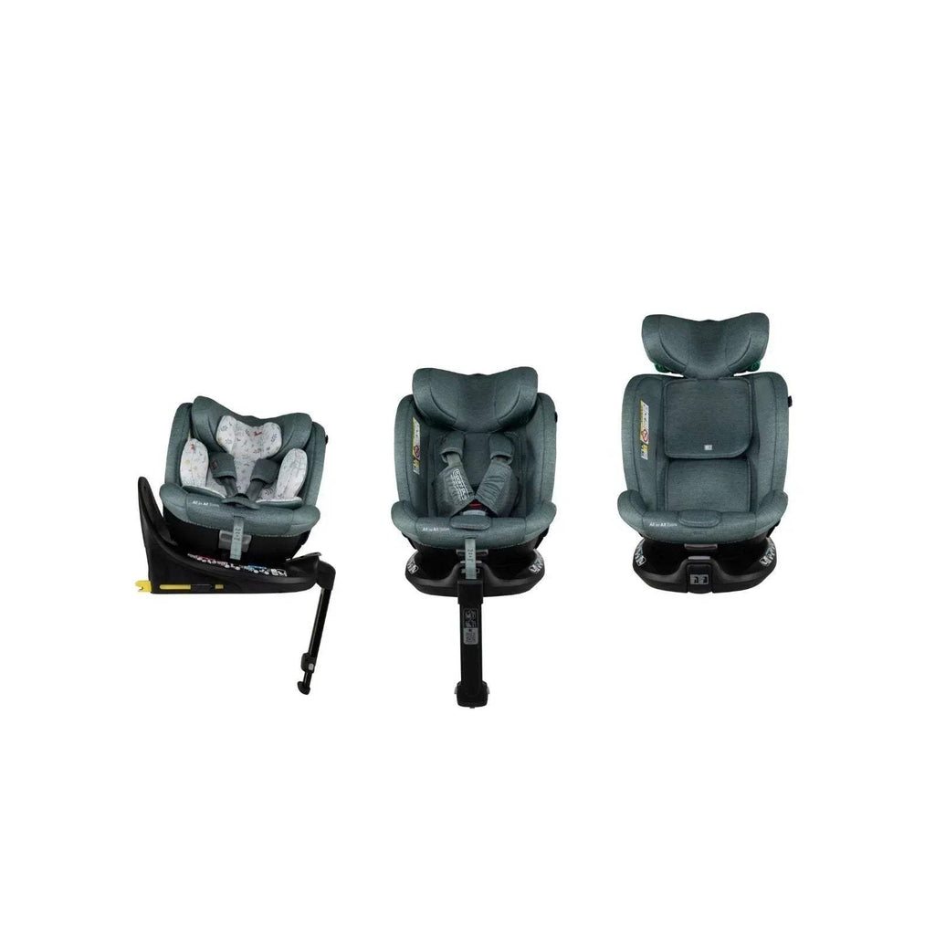 Teal infant car seat in multiple angles with padded headrest and harness buckle