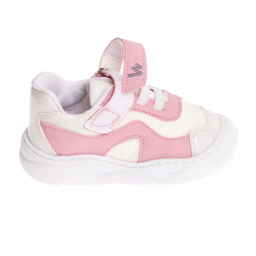Girls first-step sneakers, pink-and-white, side view with heel strap and padded collar