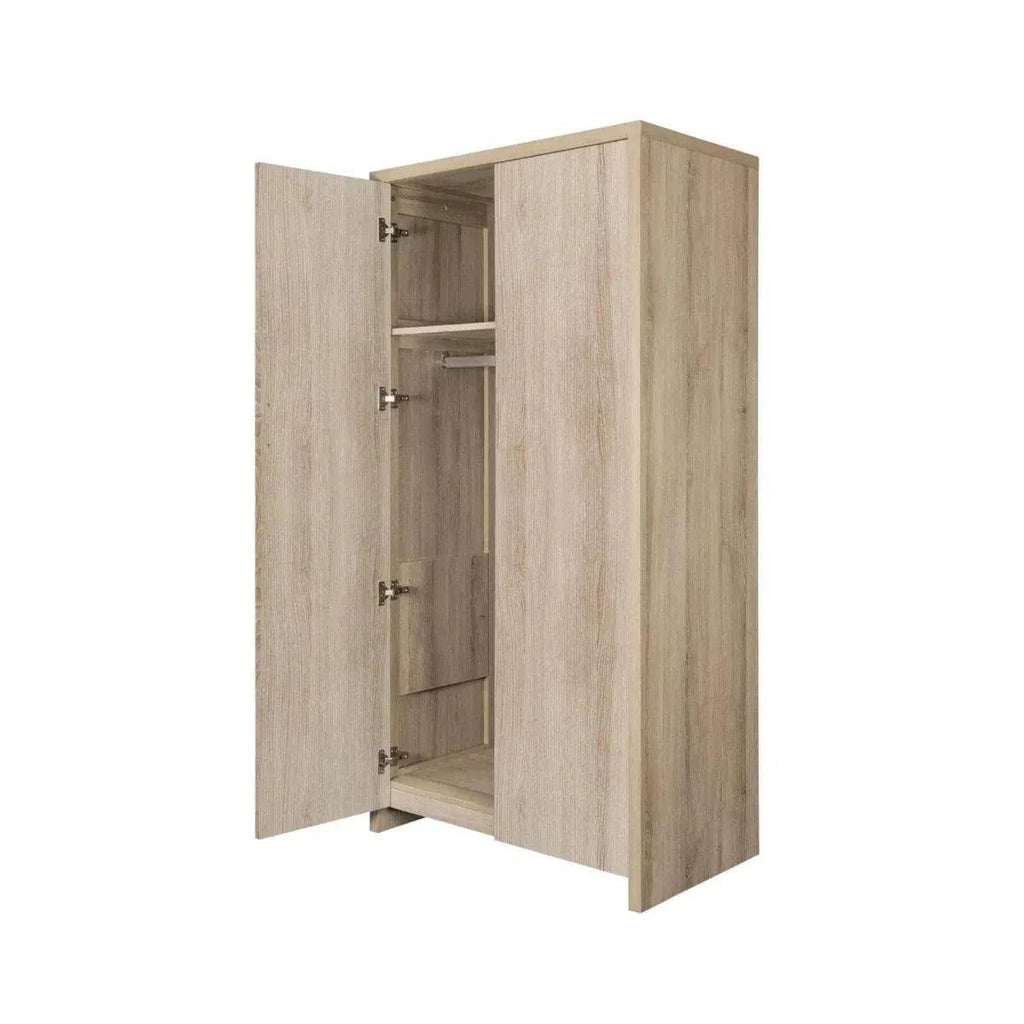Light oak wardrobe with open door and three internal shelves