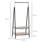 Freestanding clothes rail with two-tier shelves, black frame, and hanging bar