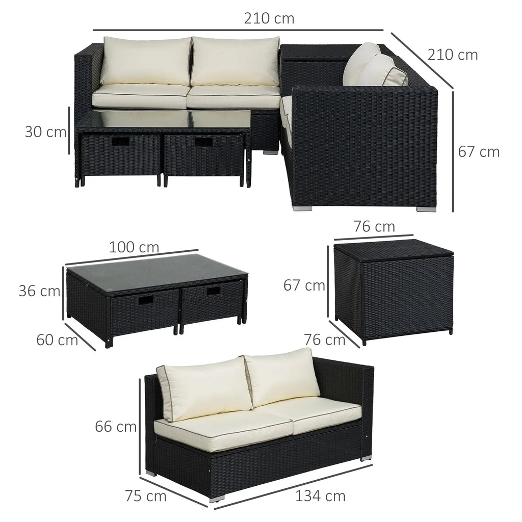 4 Pieces Rattan Garden Furniture Set, 4 Seater Corner Sofa Set with Storage Box, 2 Drawers Coffee Table, Loveseats with Cushions, Wicker Garden Conservatory Furniture for Balcony, Black - Bobobiy