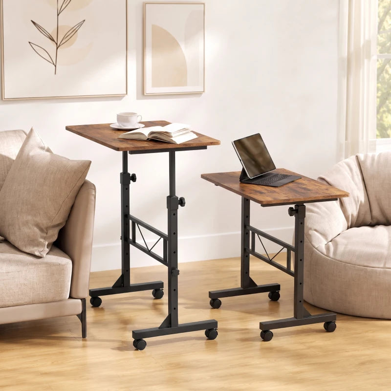 Two adjustable sofa side tables with rustic brown tops and black rolling bases