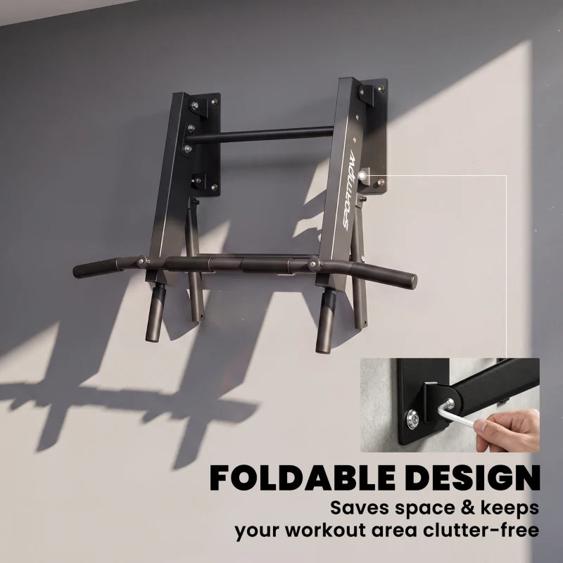 Wall-mounted folding pull-up bar with compact support arms and black steel frame
