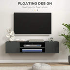 Grey floating TV stand console with open shelf in the center and side cabinet storage
