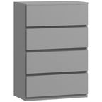 Grey four-drawer storage cabinet with flat front panels and recessed drawer fronts.