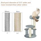 Grey cat tower with sisal-wrapped scratching posts and plush platforms