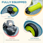 Kids tricycle features: bell, basket, grippy handle, and lime EVA wheels