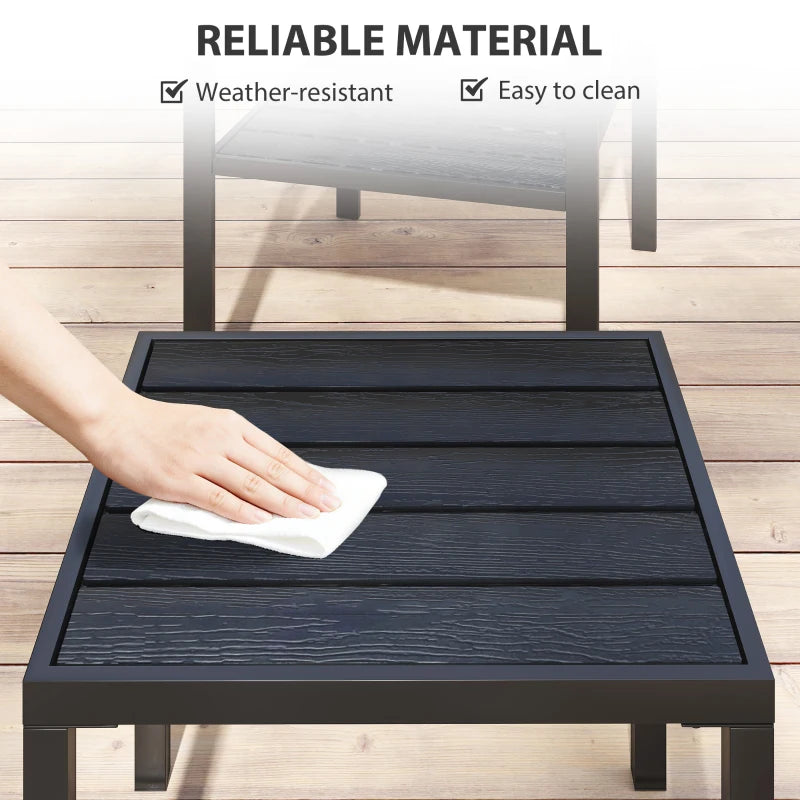 Black bistro table top with wipe-clean slatted surface and metal frame legs