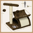 Brown cat tree with top perch on sisal post, tunneled base, and side ramp