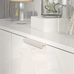 White cabinet door front with long bar handle in shoe storage cupboard