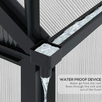 Grey greenhouse roof corner with drainage gutter channel and water-proof runoff feature