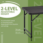 Dark grey foldable patio table showing height-adjustable leg mechanism