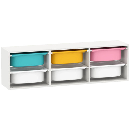 Kids toy storage organizer with 6 removable bins, white frame, teal/yellow/pink and white