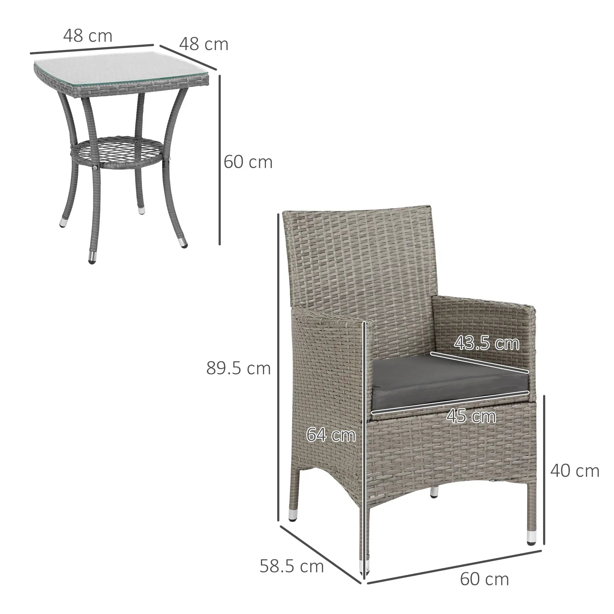3 Pieces Rattan Bistro Set, Wicker Garden Furniture Set with 2-Tier Coffee Table and Chairs, Washable Cushions, for Outdoor Patio Balcony, Grey - Bobobiy