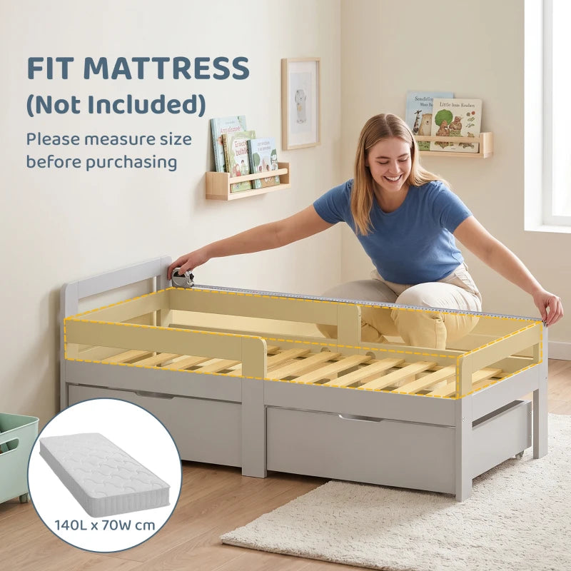 Grey kids bed frame with storage drawers and slatted base, mattress not included