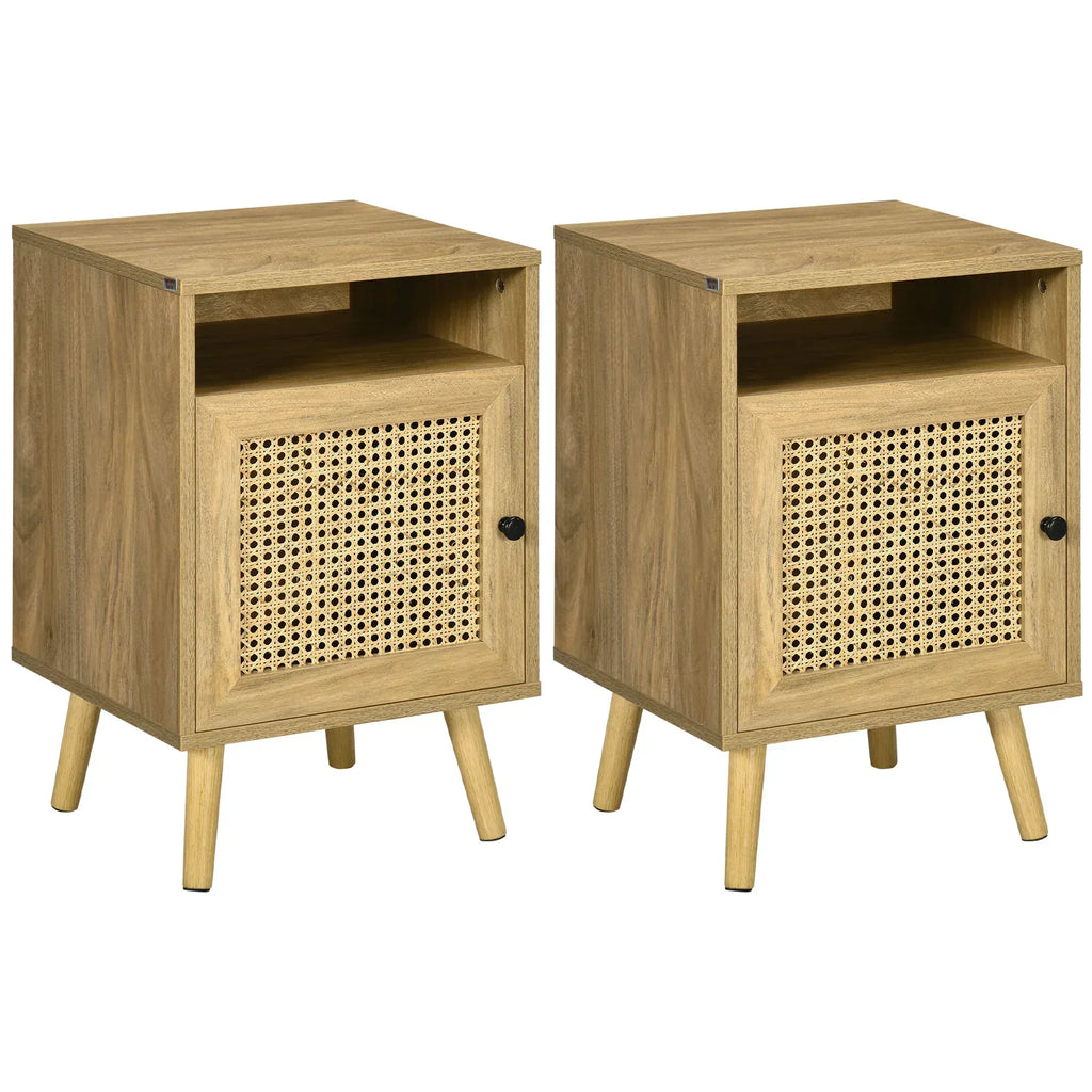 Bedside Table with Rattan Element, Side End Table with Shelf and Cupboard, 39cmx35cmx60cm, Set of 2, Natural - Bobobiy
