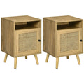 Bedside Table with Rattan Element, Side End Table with Shelf and Cupboard, 39cmx35cmx60cm, Set of 2, Natural - Bobobiy