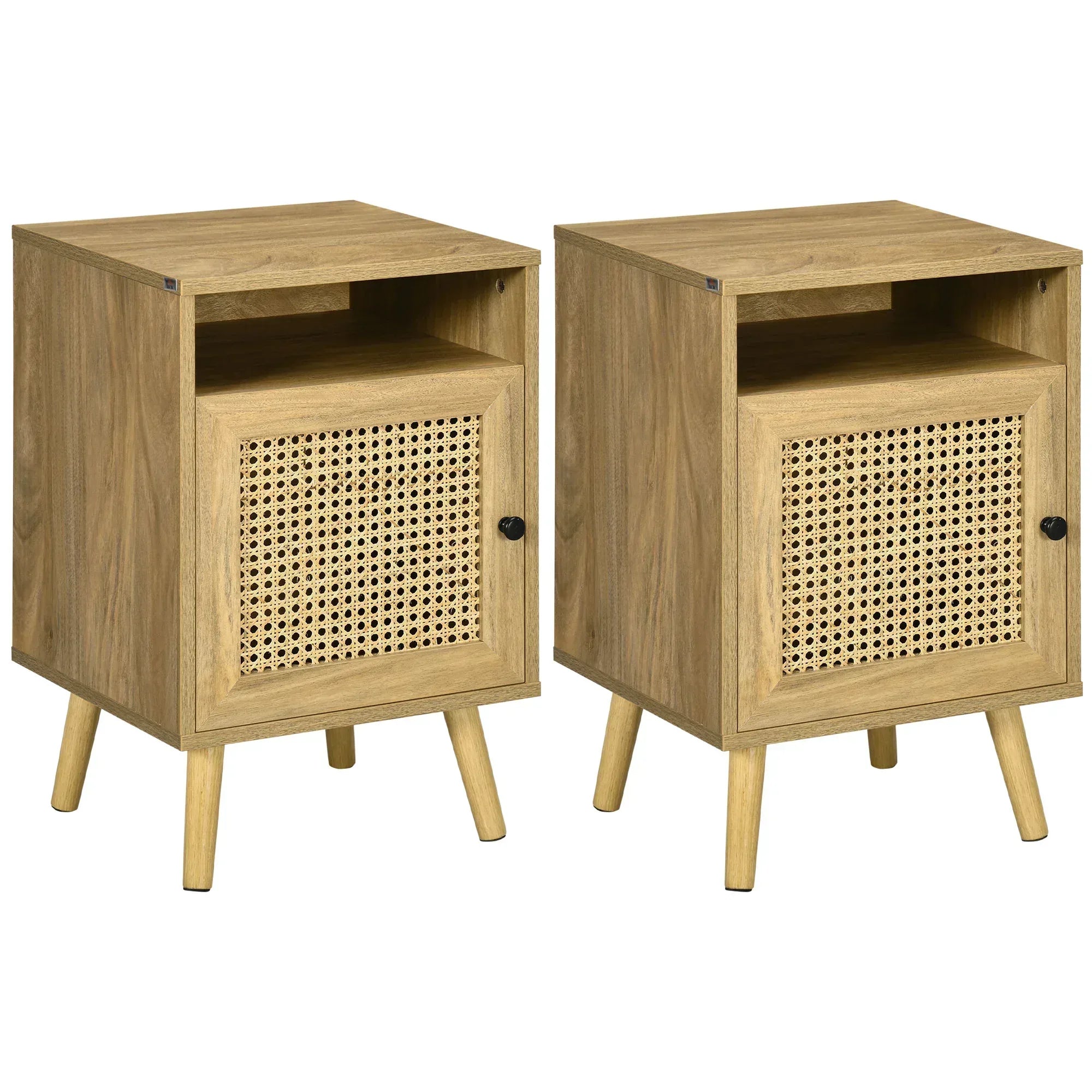 Bedside Table with Rattan Element, Side End Table with Shelf and Cupboard, 39cmx35cmx60cm, Set of 2, Natural - Bobobiy