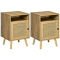 Homcom Bedside Table with Rattan Element, Side End Table with Shelf and Cupboard, 39cmx35cmx60cm, Set of 2, Natural