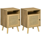 Homcom Bedside Table with Rattan Element, Side End Table with Shelf and Cupboard, 39cmx35cmx60cm, Set of 2, Natural