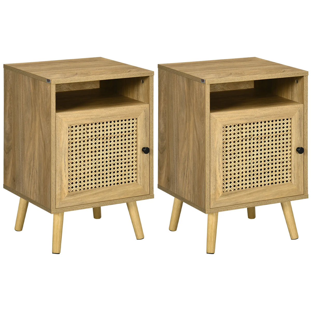 Homcom Bedside Table with Rattan Element, Side End Table with Shelf and Cupboard, 39cmx35cmx60cm, Set of 2, Natural