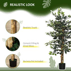 Artificial ficus tree with green leaves in a black pot on white background