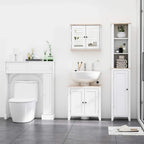 White bathroom under-sink cabinet with two recessed door panels and wood-grain top